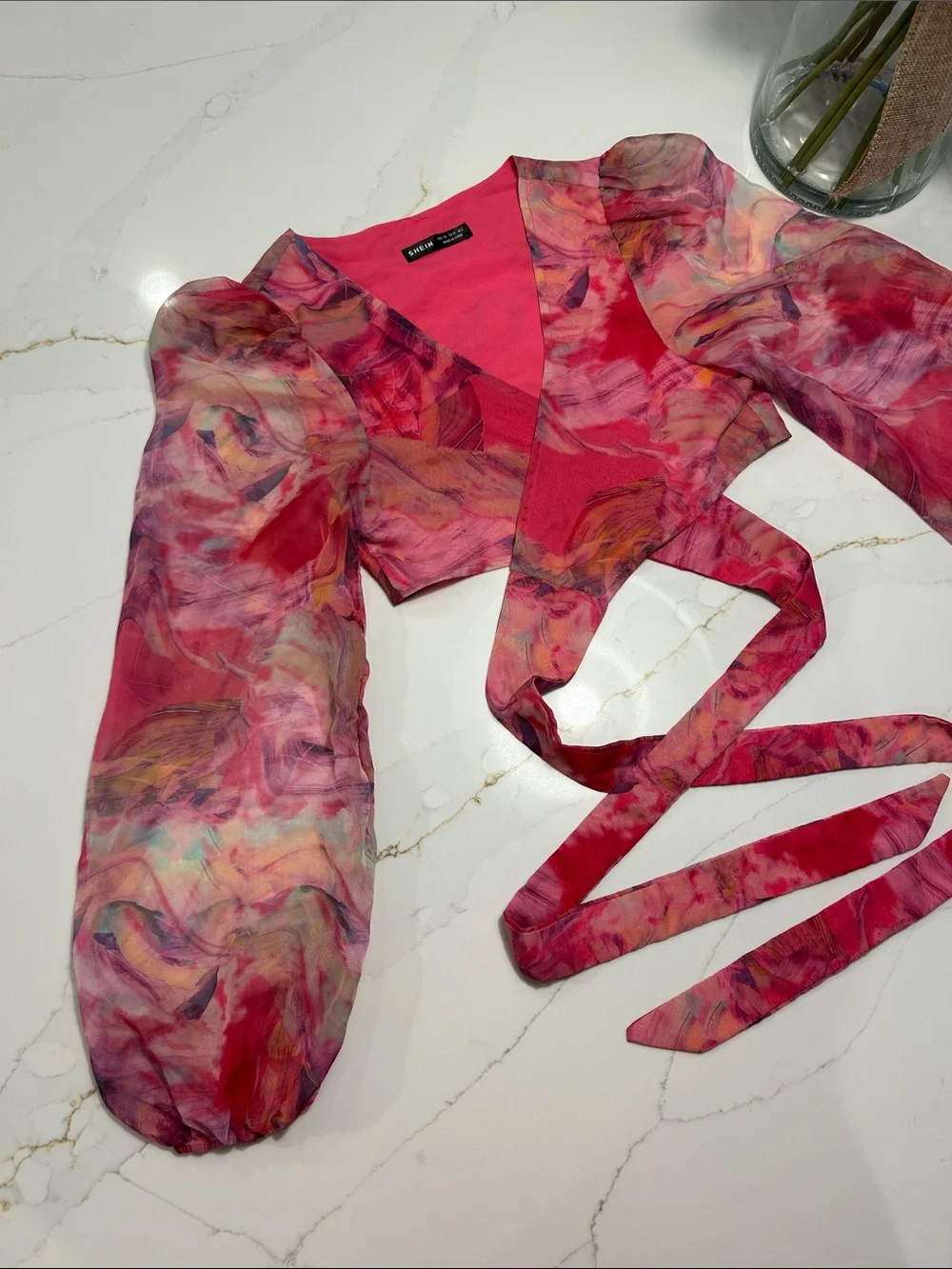 SHEIN Hot Pink Marble Watercolor Wrap Crop Top